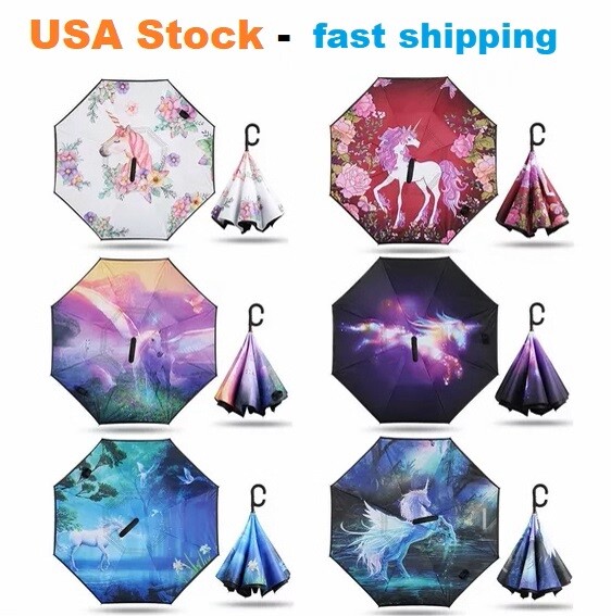 C-Handle Inverted Reverse Umbrella, Unicorn print (Inside-out, Upside-down)