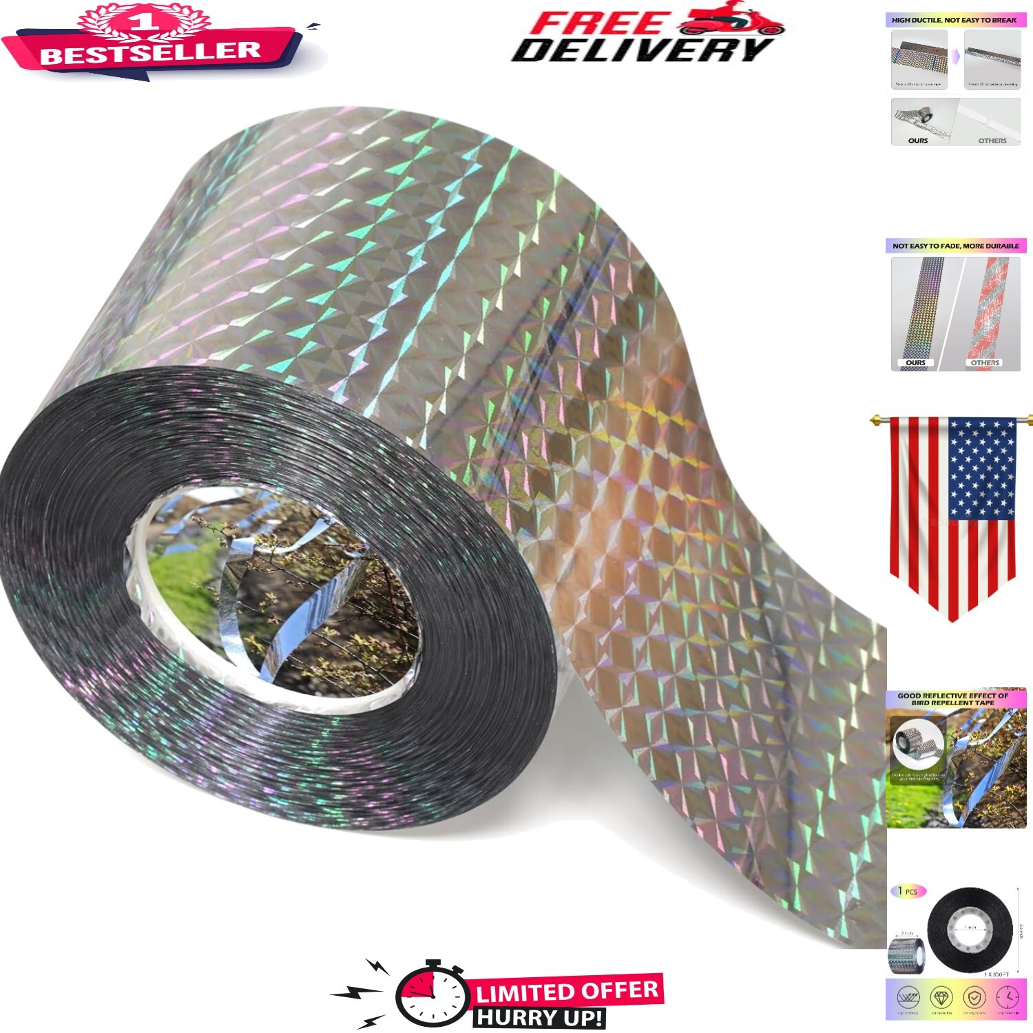 Versatile 350FT Reflective Bird Deterrent Tape – Cost-Effective Outdoor Safety