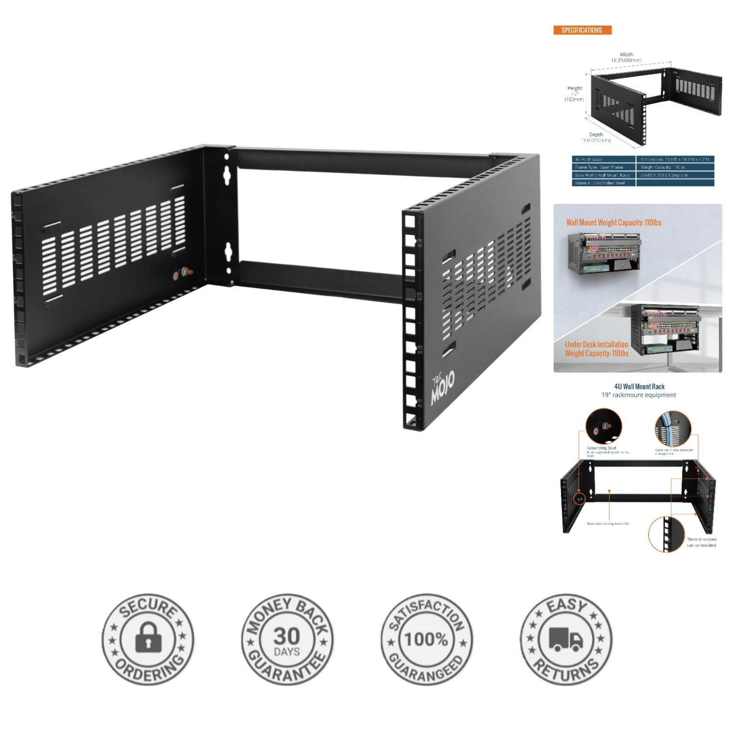 4U Wall Mount Rack for Network Switches & AV Equipment, 110lbs Capacity