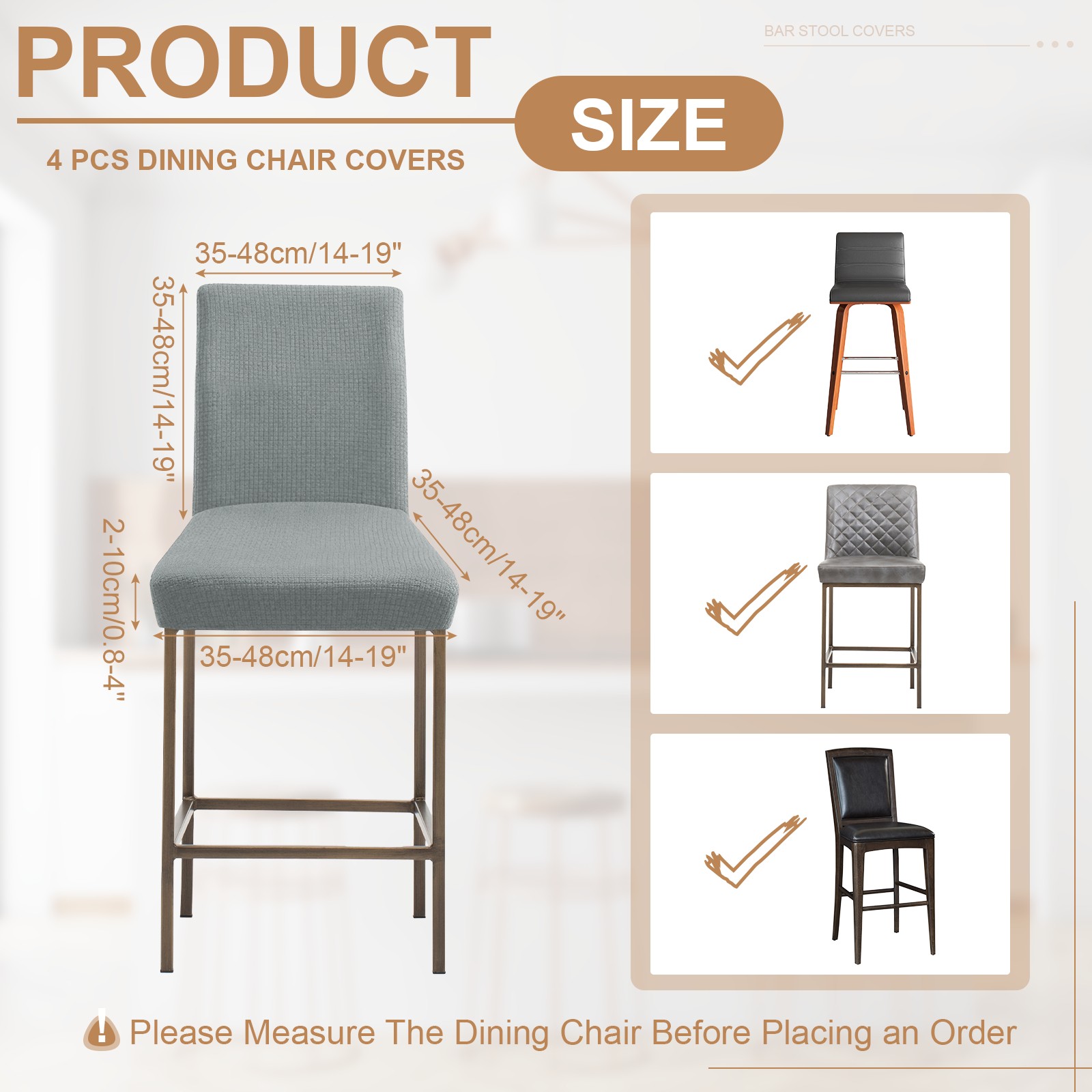 4 Pcs Bar Stool Covers, 14-19" Counter Stool Chair Covers with Backs, Grey