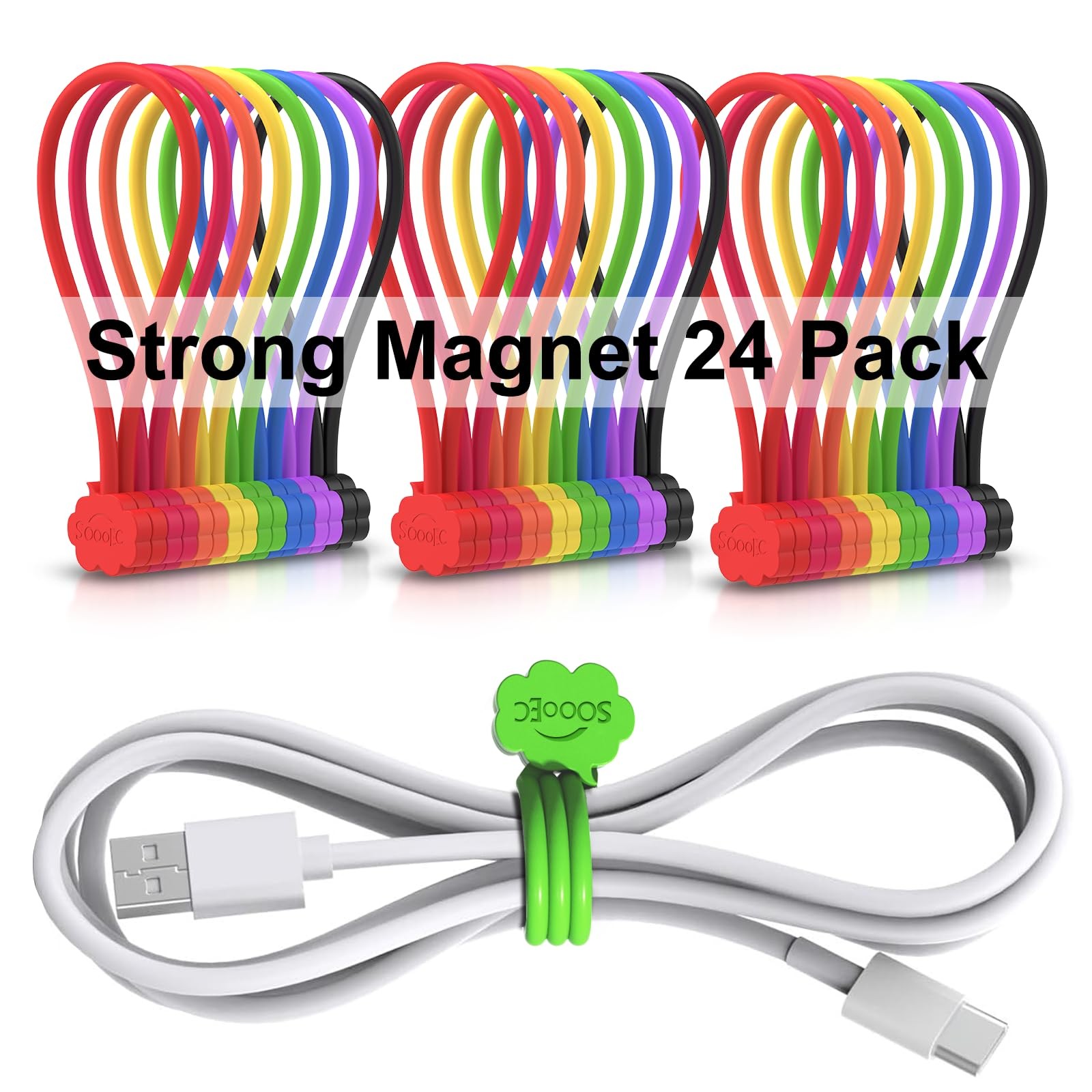 SOOOEC Magnetic Cable Ties, 24 Pack 7.2" 24 Pack, Assorted Color
