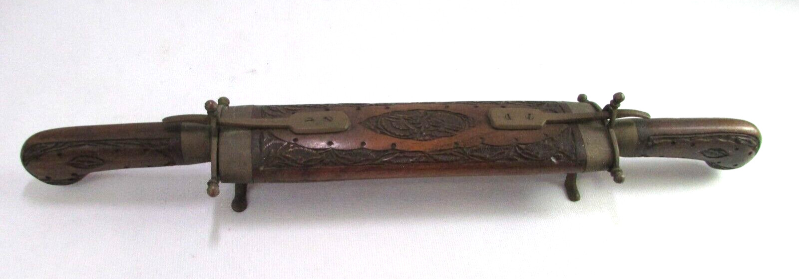 Vintage Carving Set With Carved Dark Wooden Case Brass Fittings Made in India