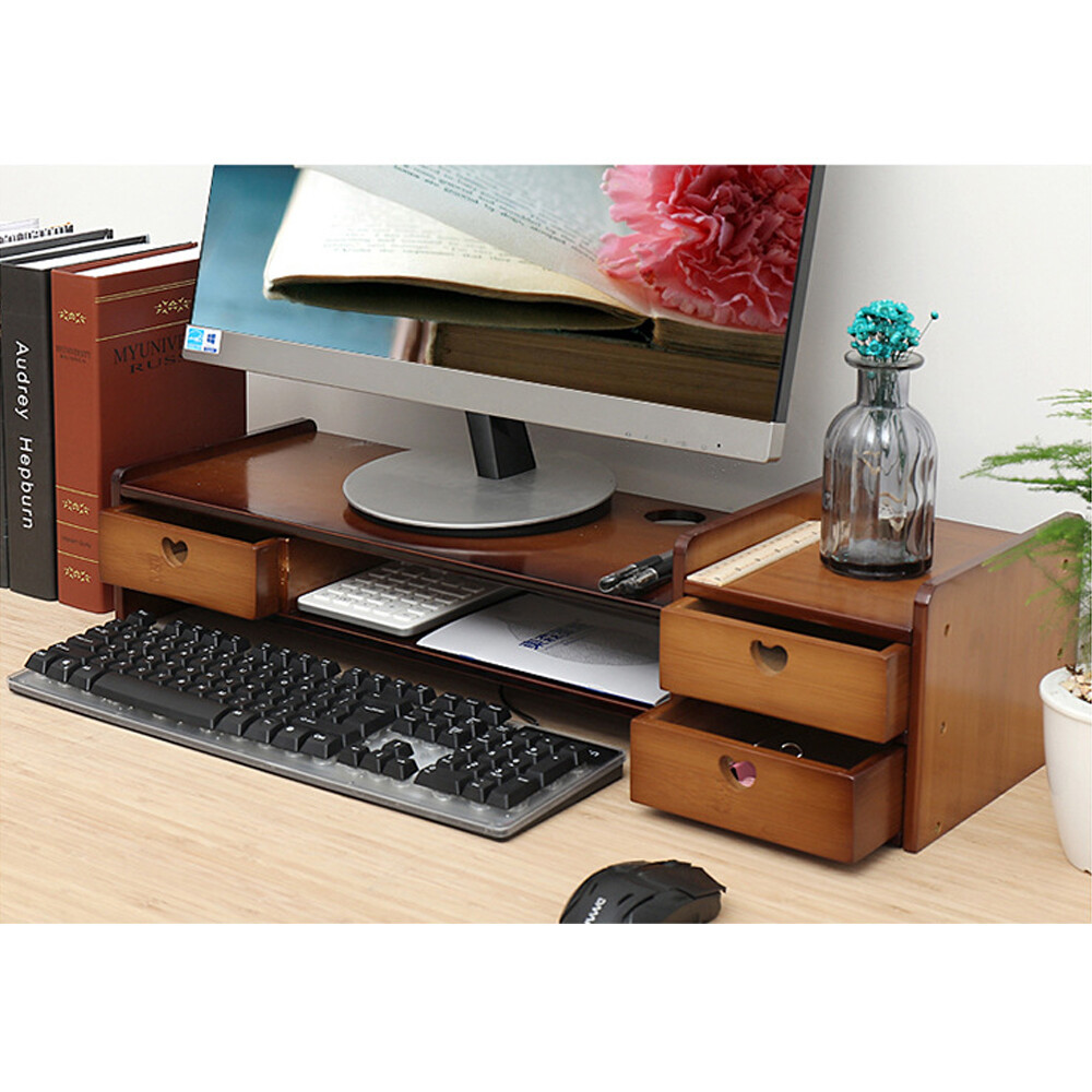 Bamboo Wood Monitor Stand Computer Riser With 2-Tier Desktop Storage