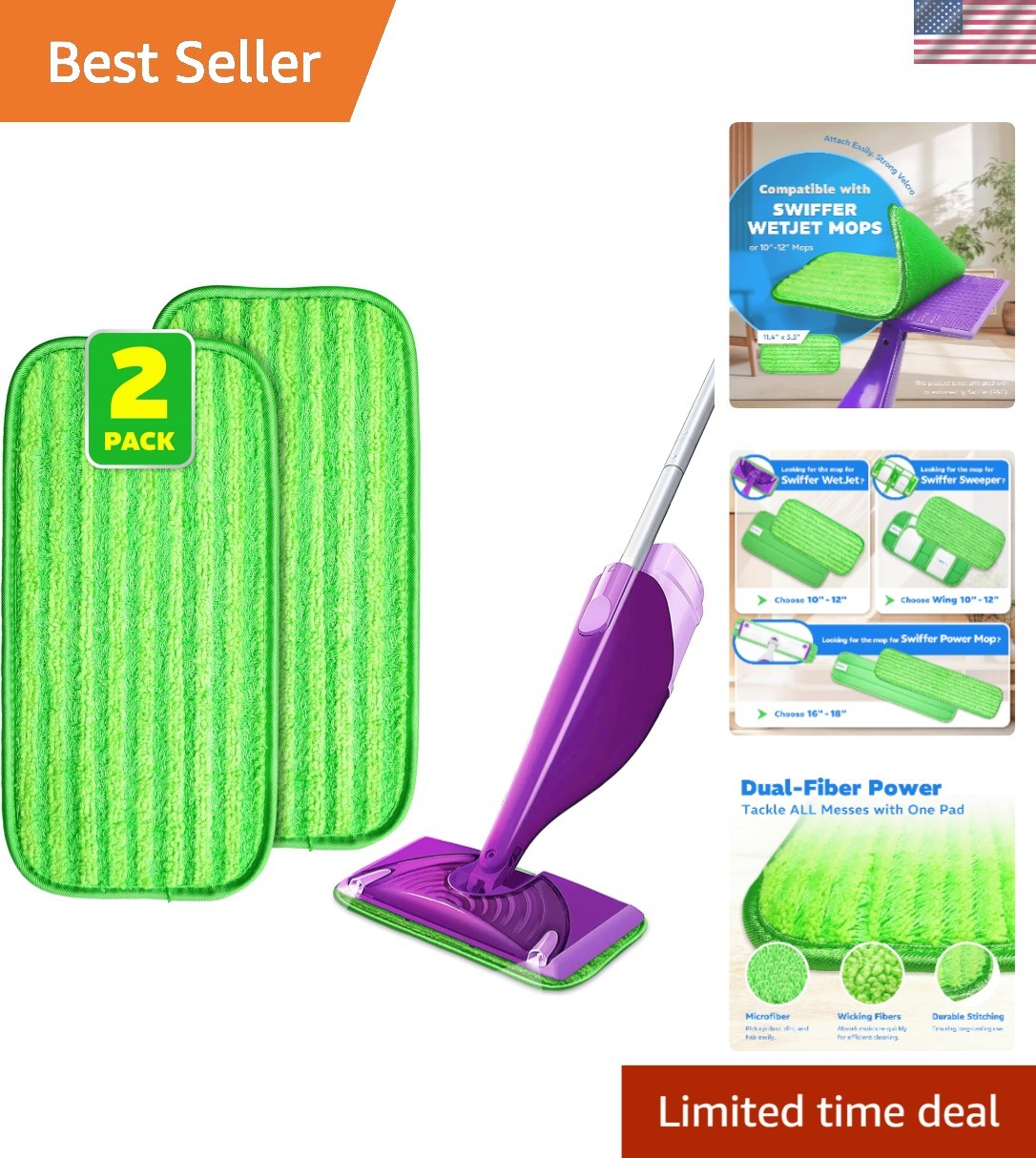 Compatible 2 Pack Mop Pads for WetJet & 10'' to 12'' Mops - Reusable Design
