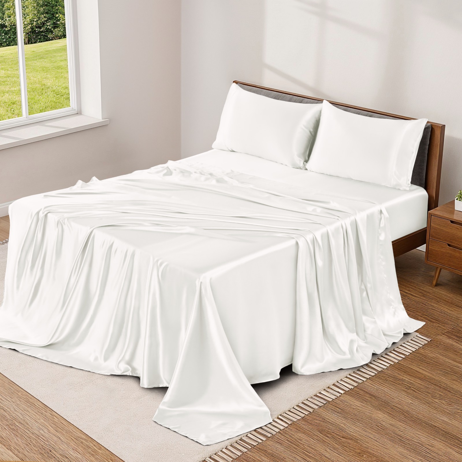Satin Bed Sheet Set 4 Piece Silky Soft Deep Pocket Cooling Sheets Wrinkle-Free