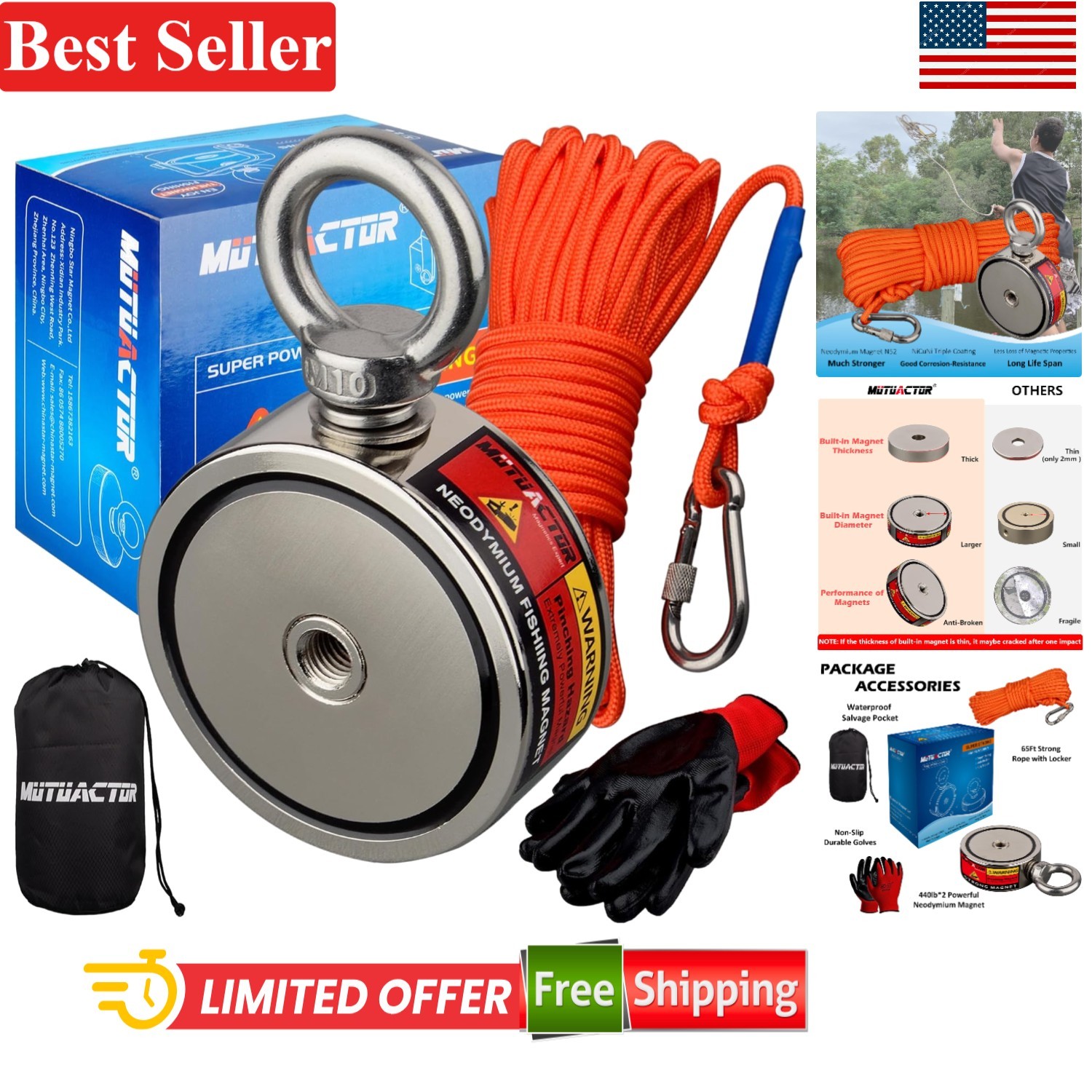 Heavy-Duty 880lbs Neodymium Fishing Magnet Kit with 65ft Rope & Gloves