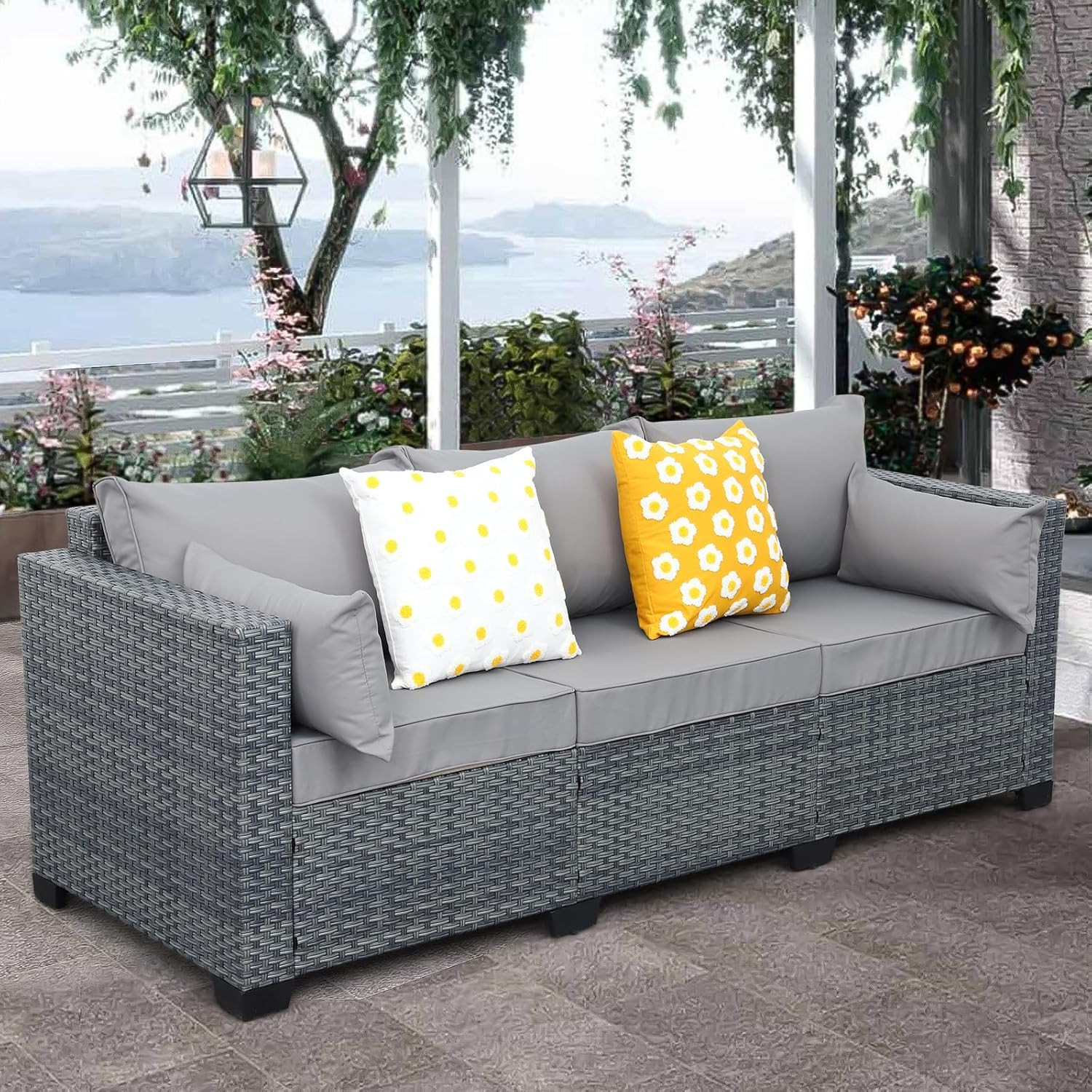 Wicker Patio Couch Outdoor 3-Seat Sofa with All-Weather Rattan Deep Seater Outdo