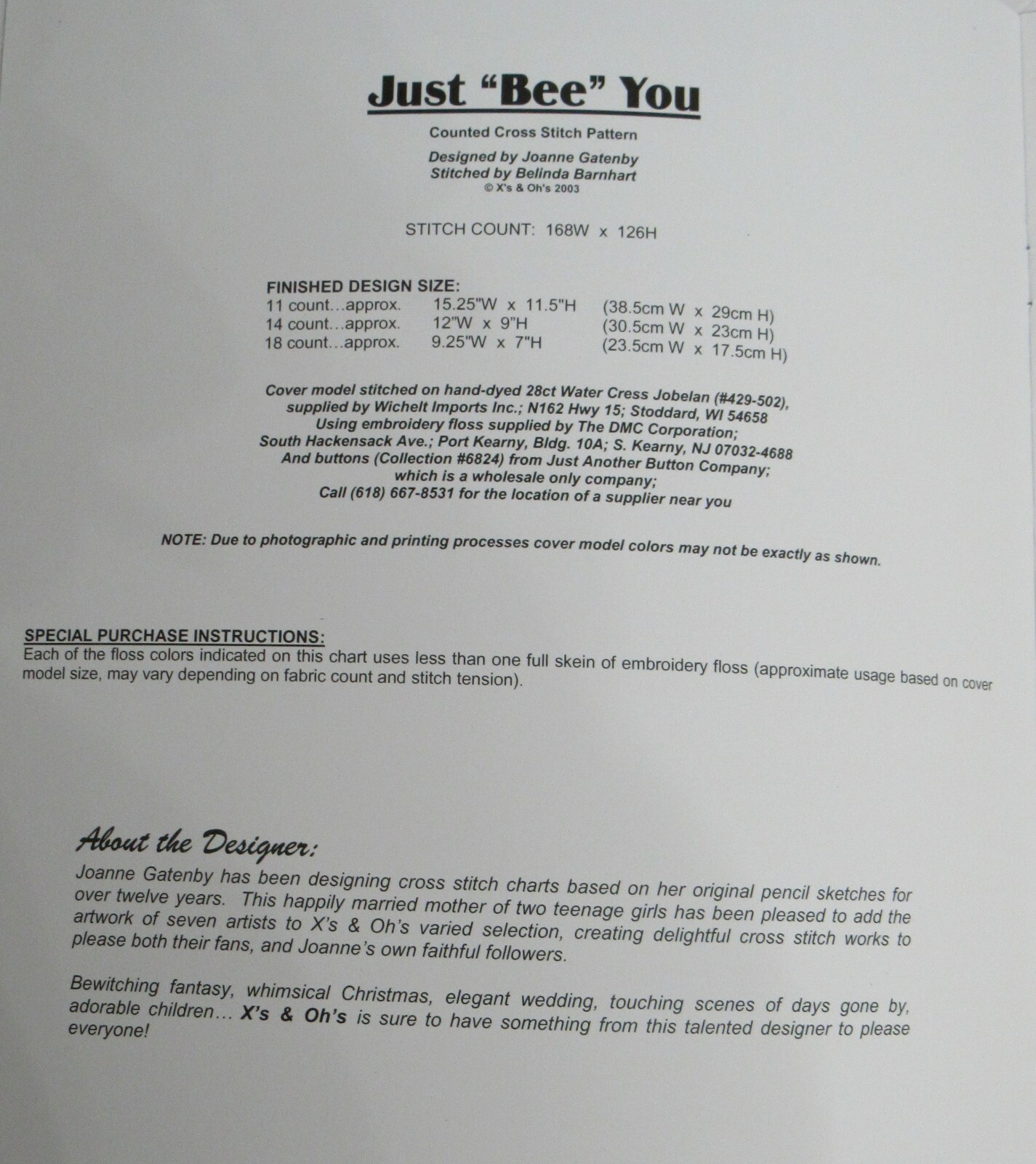 Cross Stitch JUST BEE U by X's & Oh's Pattern New