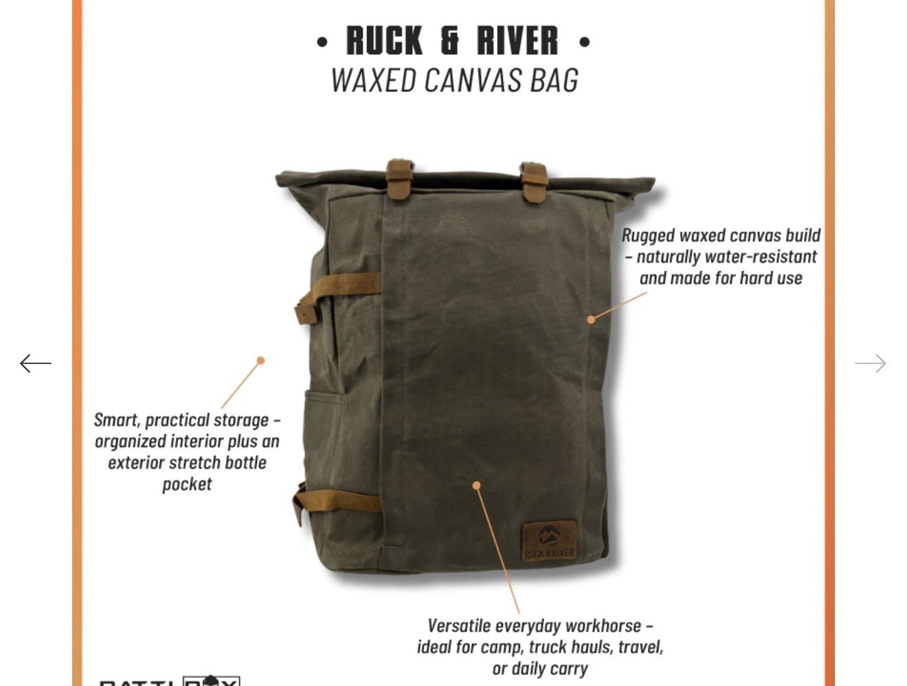 New Ruck & River Battlbox Hiking Backpack Green Canvas Buckle Leather Trim