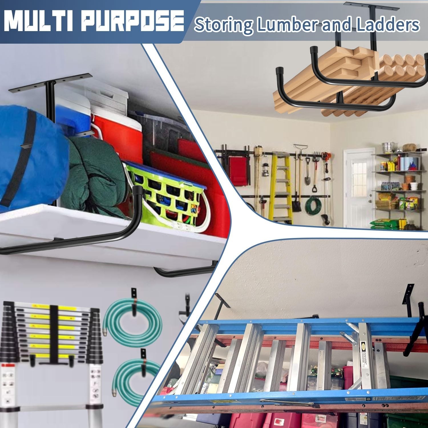 2 Pack Overhead Garage Storage Rack with 6 J Hooks, 66Lbs/Ceiling Rack & 45Lb...