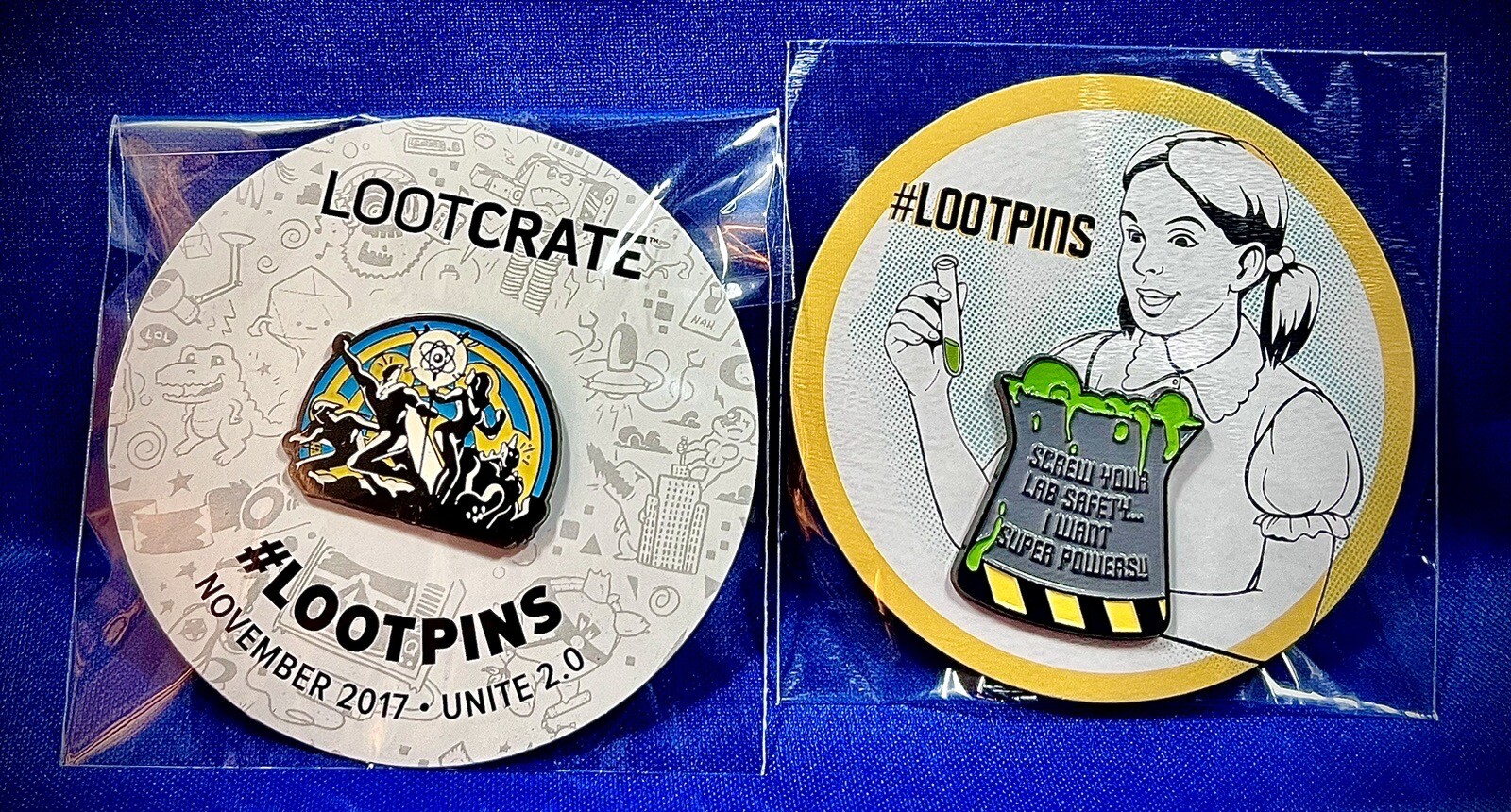 Loot Crate “Screw Lab Safety I Want Superpowers”-“Unite 2.0” Lot Of 2 Pins