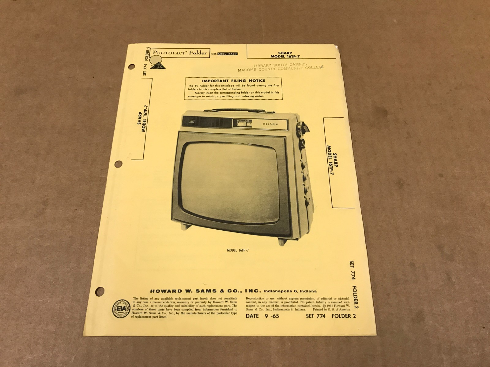 Vintage Photofact Folder - 774-2 - Sharp TV Model 16TP-7