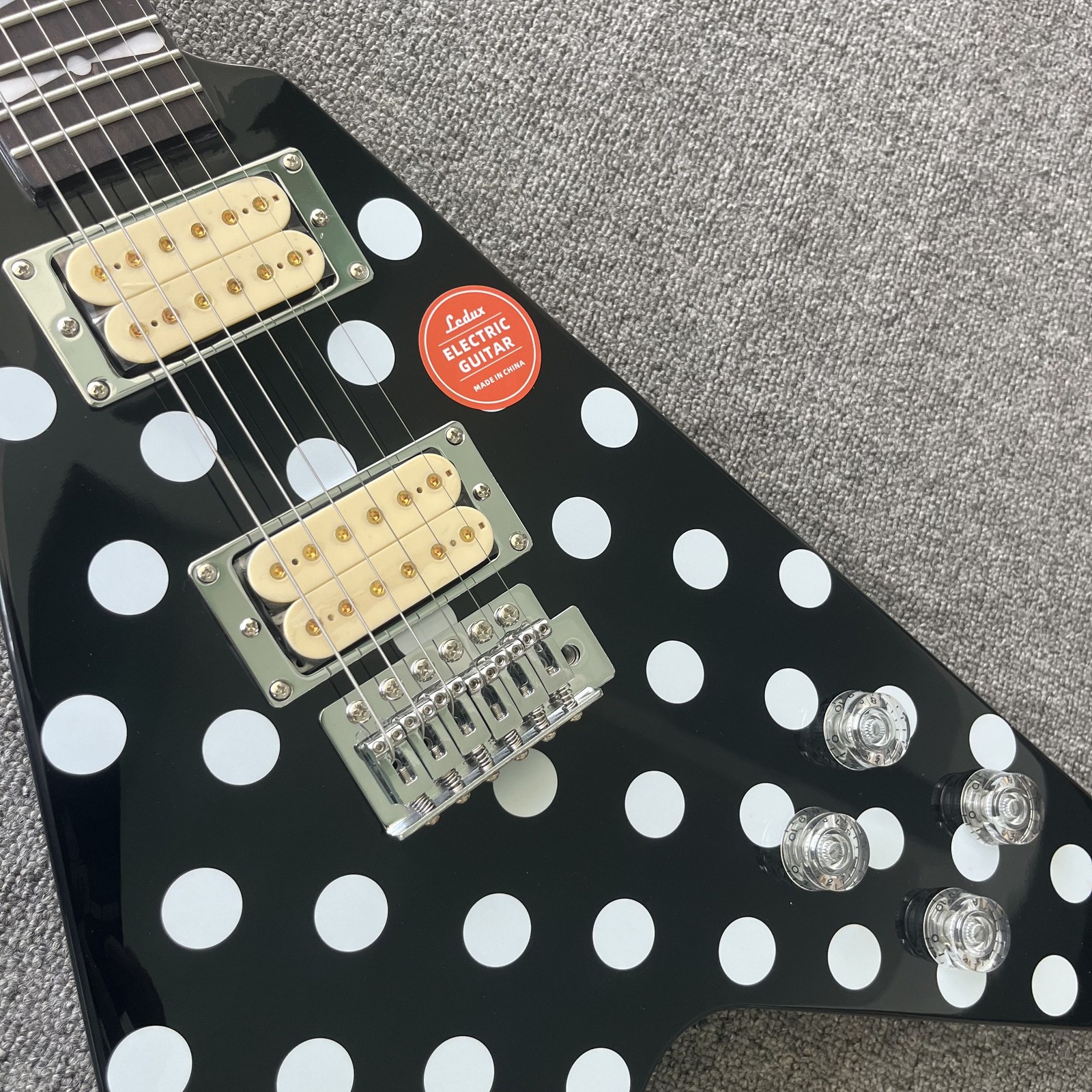 Solid Electric Guitar V Shape H-H Pickups Polka Dot Black Finish Chriome HW