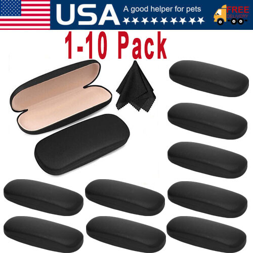 NEW Clam Shell Hard Eyeglasses PU Glasses Case Black w/Microfiber Cleaning Cloth
