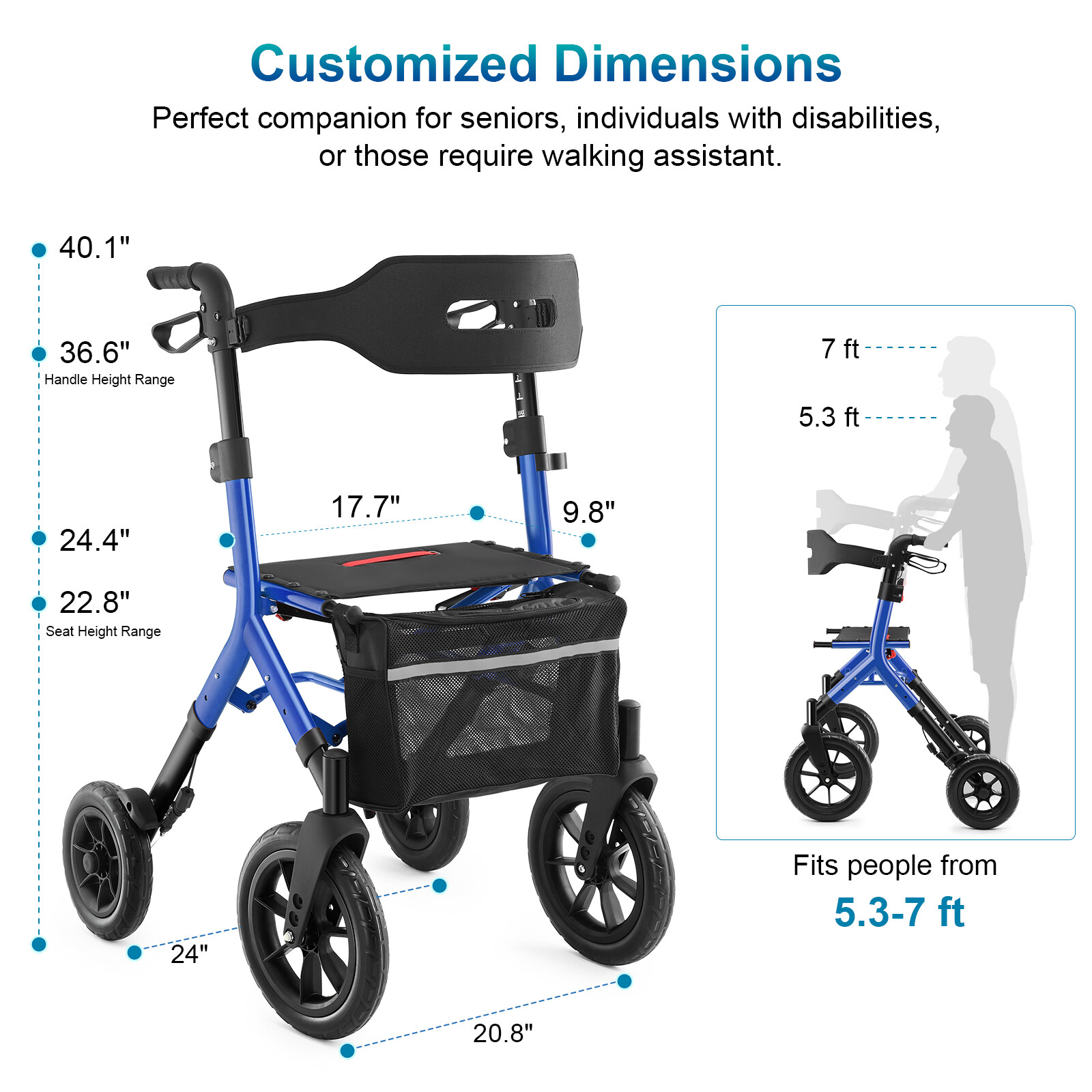 MAXWALK Rollator Walker 12in All Terrain Wheels W/ Folding Backrest Adjust Blue