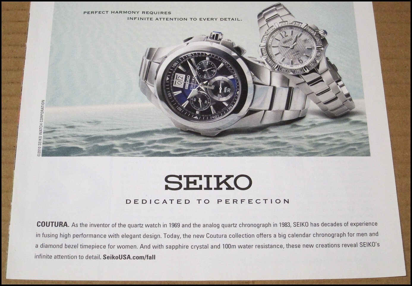 2010 Seiko Coutura Watch Print Ad Advertisement Dedicated To Perfection Vintage
