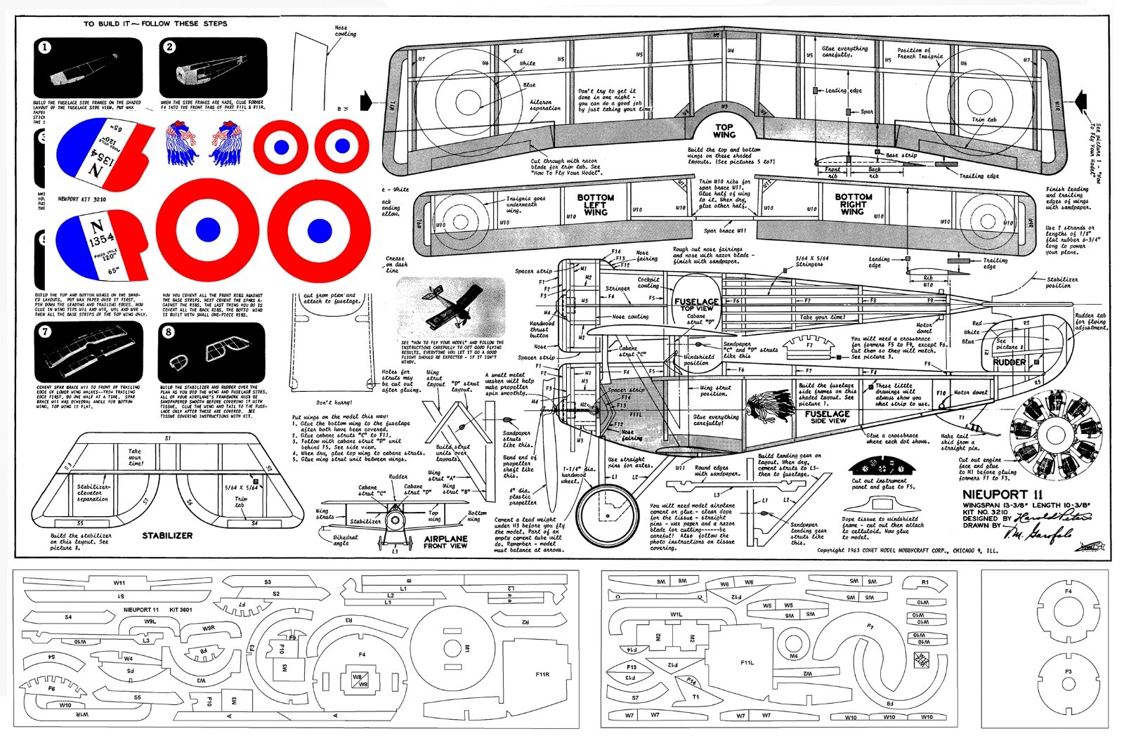 Comet Model Airplane Plans (FF): Nieuport 11 Scale 13-3/8" Wingspan RP'ed