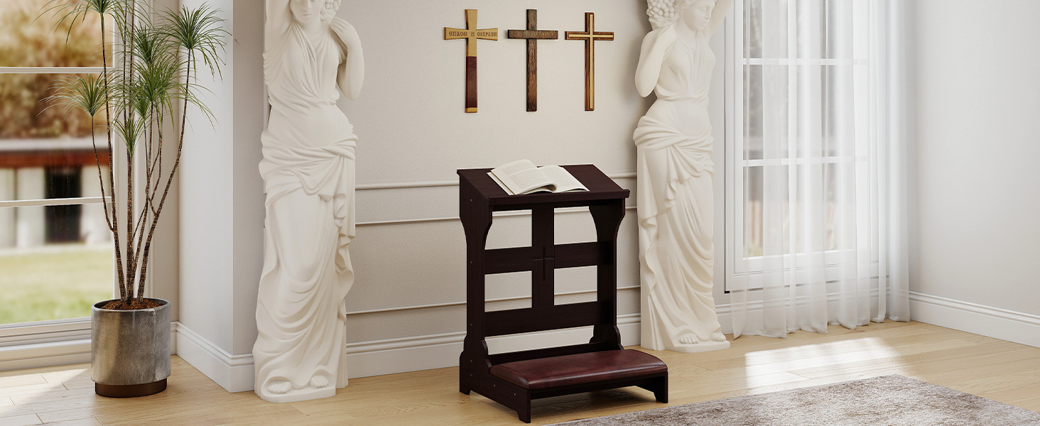 Prayer Bench Stool Solid Wood Prayer Kneeler w/ Shelf & Cushion Church Prayer