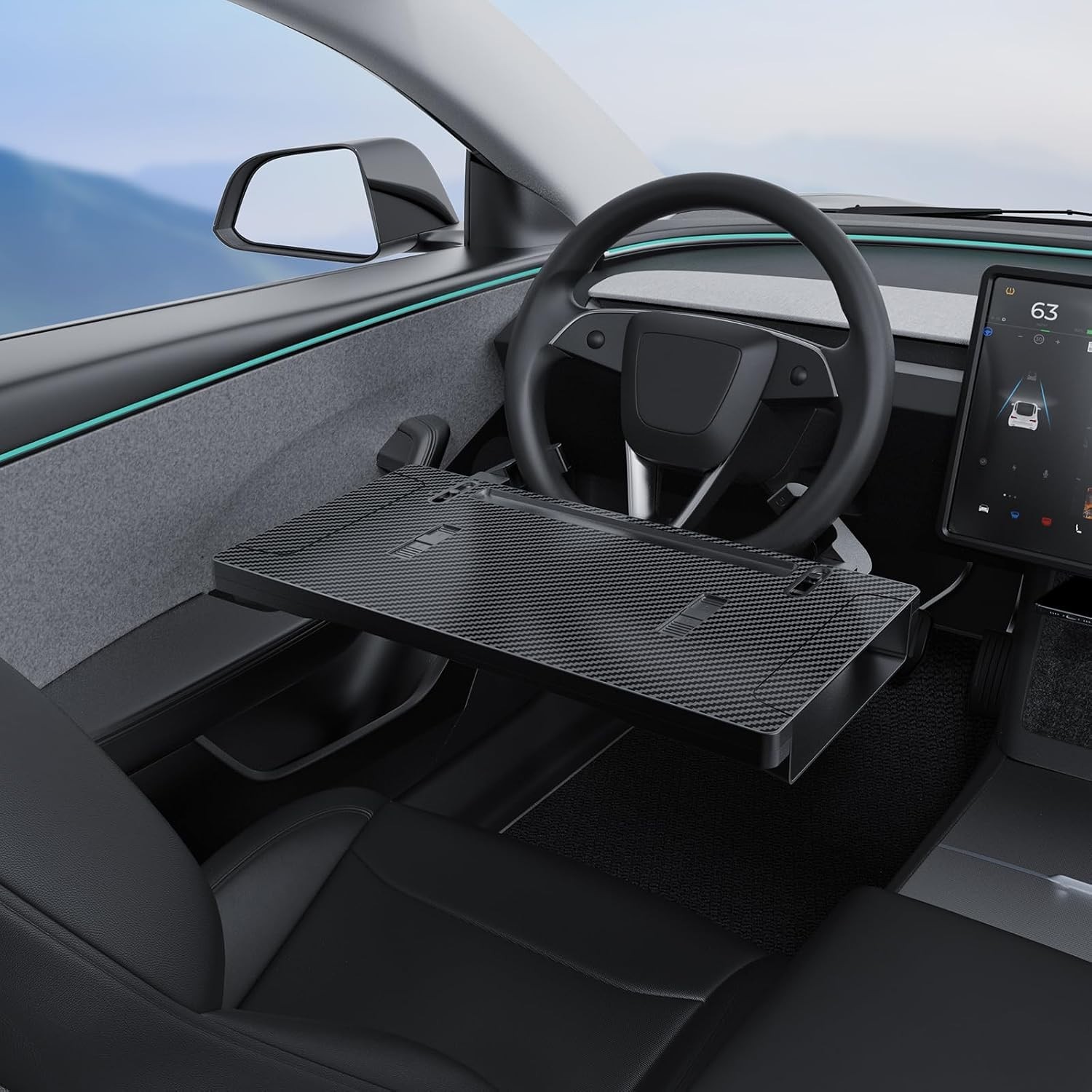 2-in-1 Steering Wheel Desk Tray, Carbon Fiber Foldable Car Table for Eat & Work