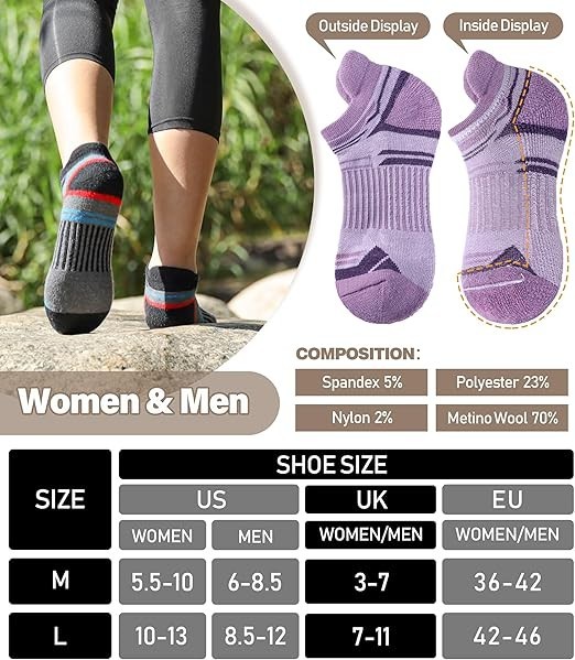 6 Pairs Merino Wool Ankle Running Hiking Socks Compression Support Breathable Th
