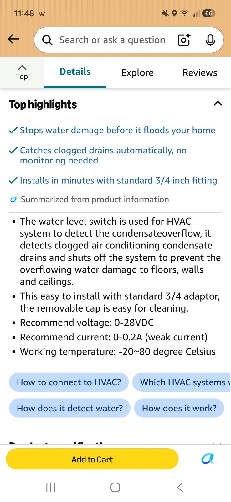 WESUA SS2 HVAC Condensate Overflow Float Switch Water Level Sensor 3/4" PVC