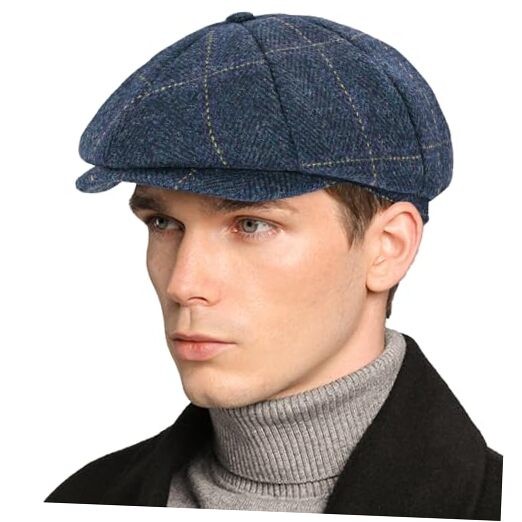 Mens Newsboy Cap High Woolen Tweed Gatsby 7 1/4-7 1/2 Herringbone Golden Plaid