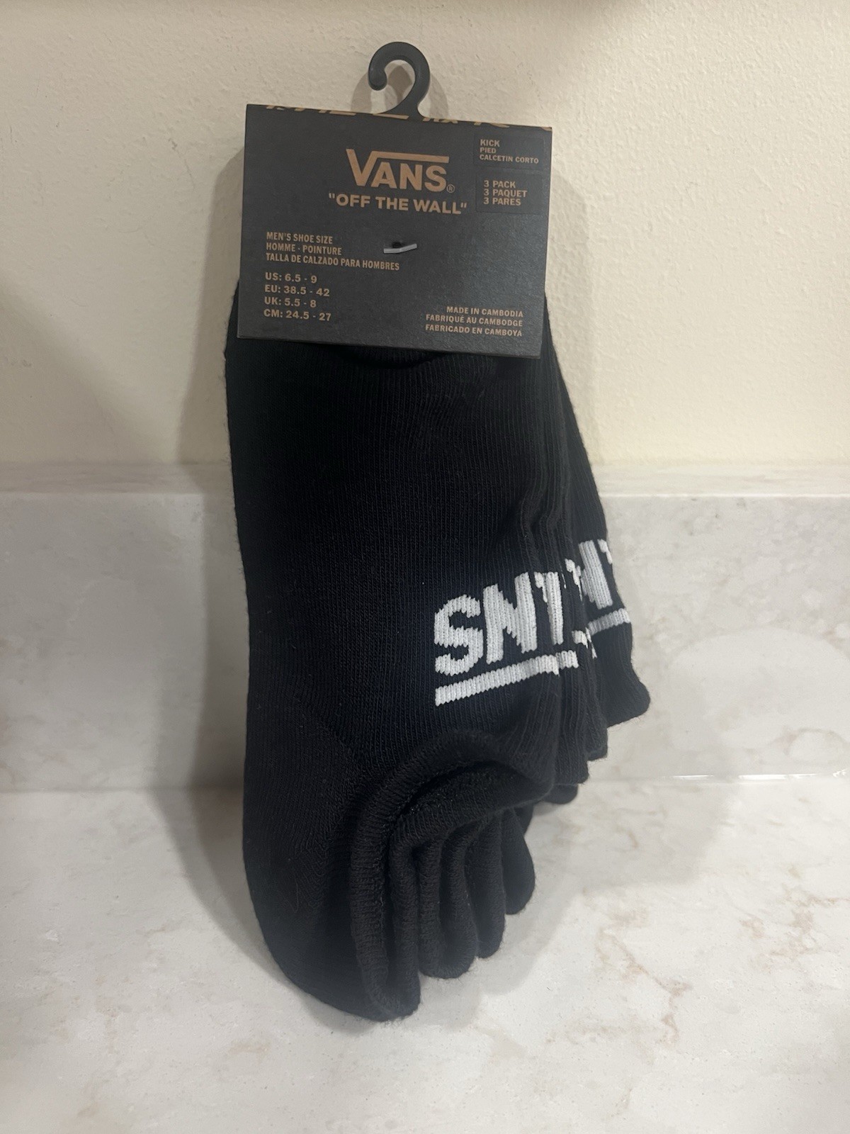 VANS Off The Wall 3 Pack Classic Black No Show Kick Socks Men's Shoe Size 6.5-9