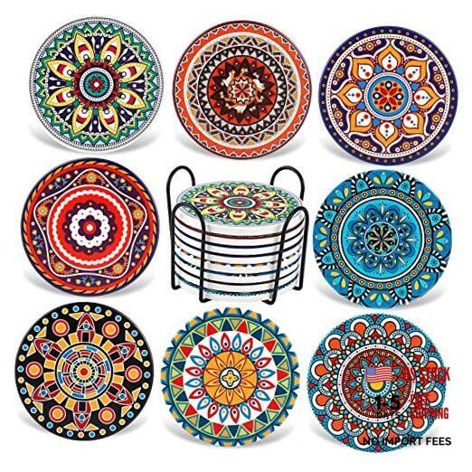 AODINI Set of 8 Stone Coasters for Wooden Mandala - Absorbent