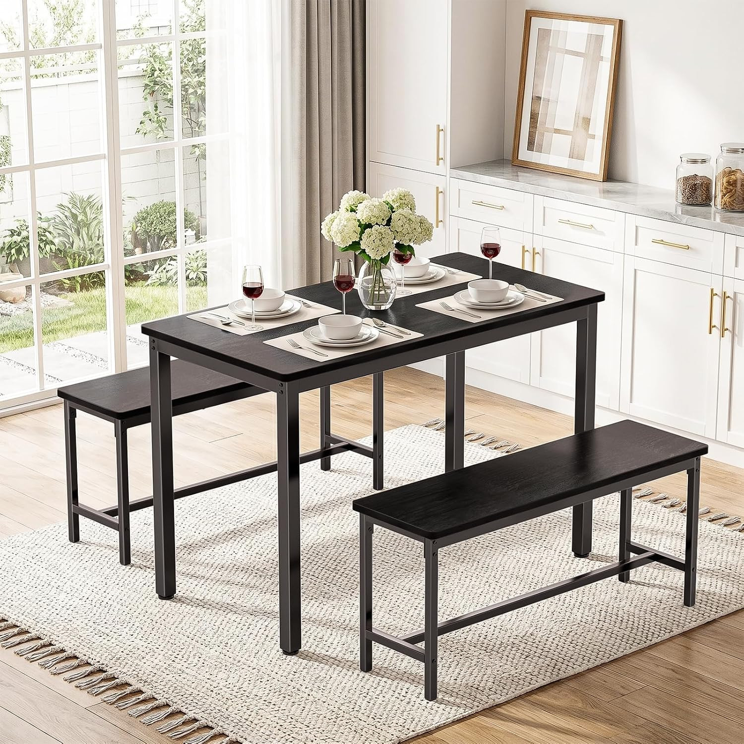 Dining Table Set for 4, Kitchen Table with 2 Benchs, Black | Modern Functional 3