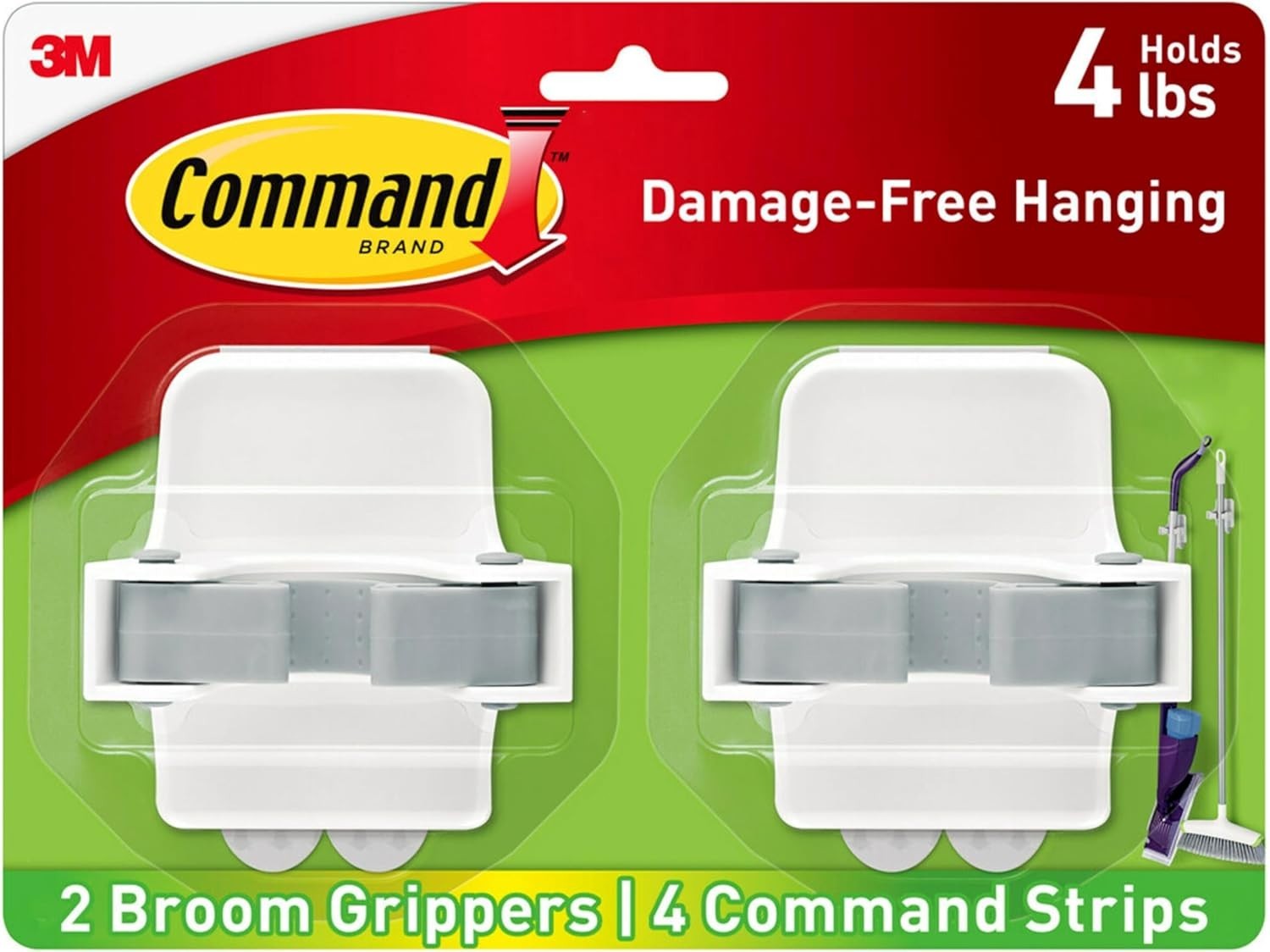 Command Broom and Mop Grippers, 2 Hangers and 4 Command Strips, Damage-Free Hang