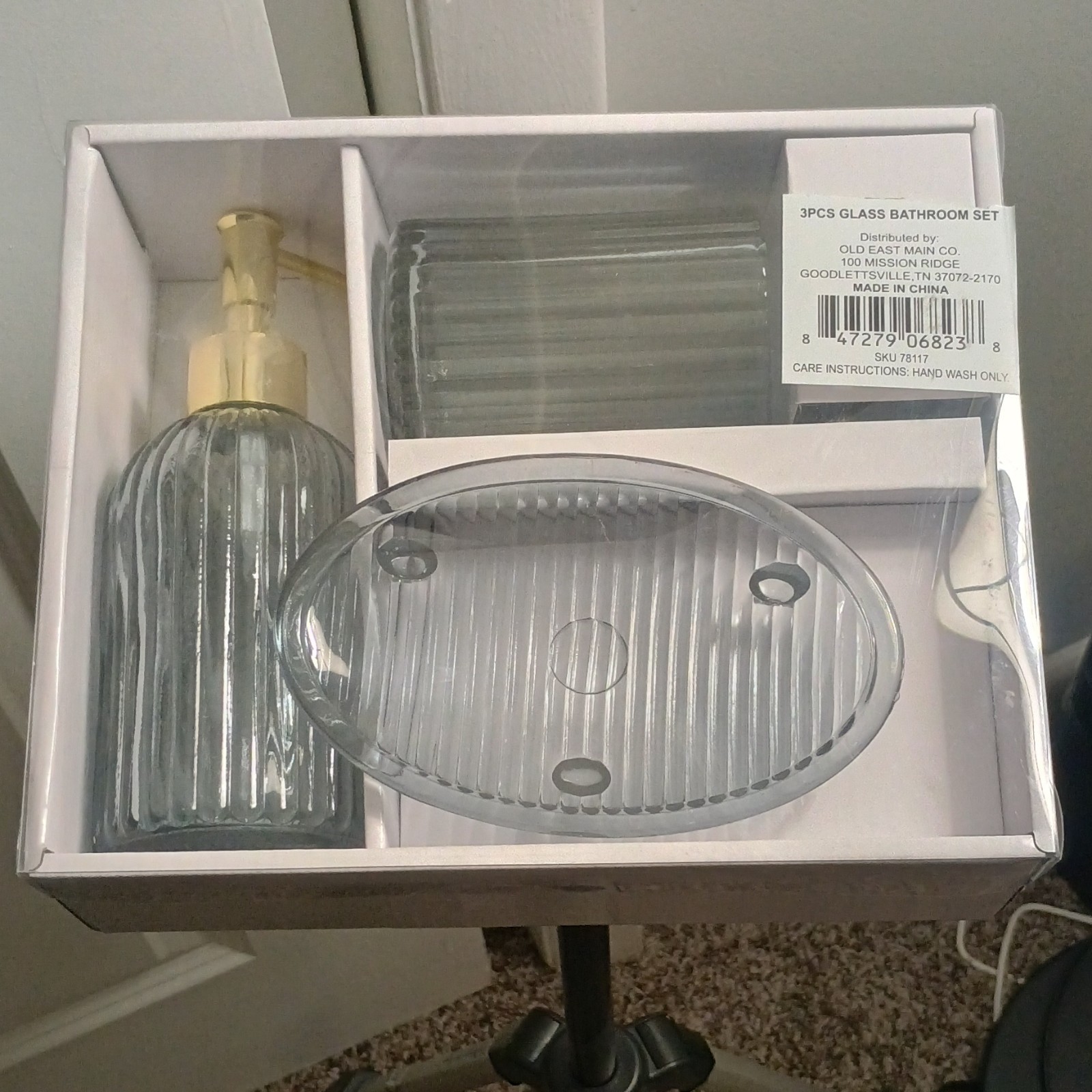 Old East Main Co. Clear Glass Bathroom Accessory Set Soap Dispenser Dish Tray