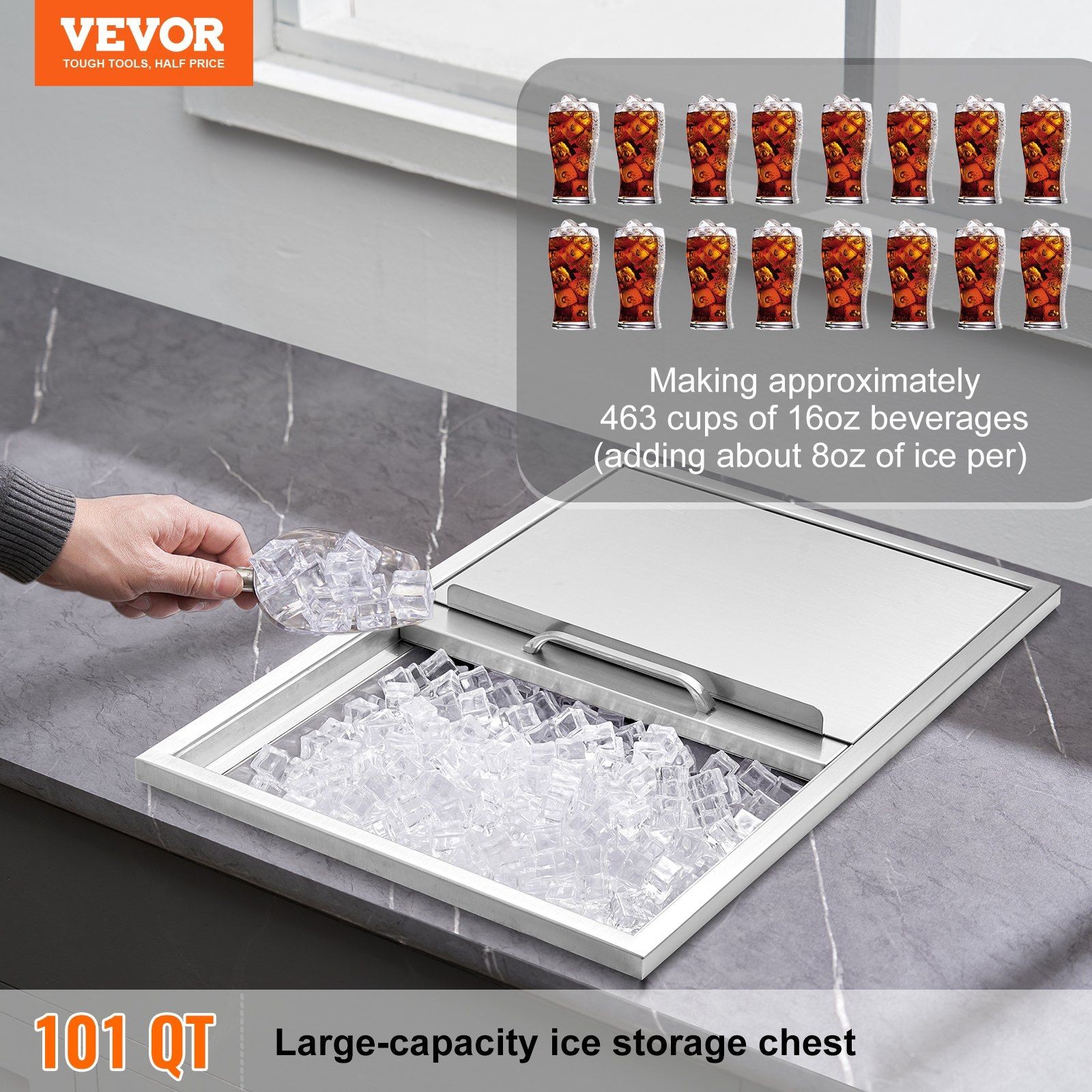 Embedded Stainless Ice Cooler, 115.7QT, SUS304 Interior, Drain Pipe & Plug
