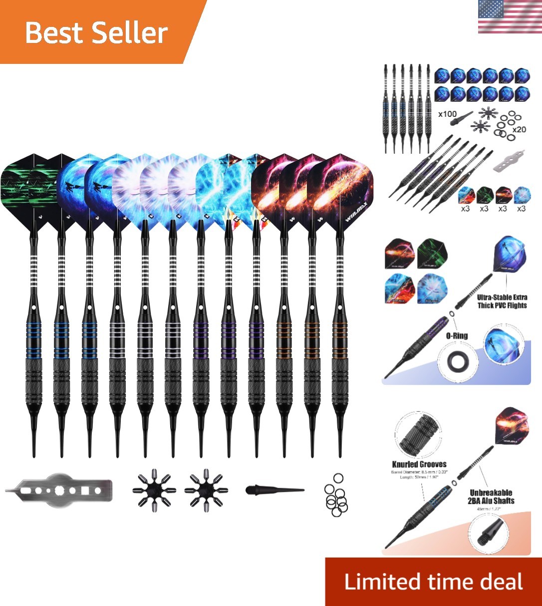 Complete 12-Piece Soft Tip Darts Set with 100 Tips & Unique Flights for Elegance
