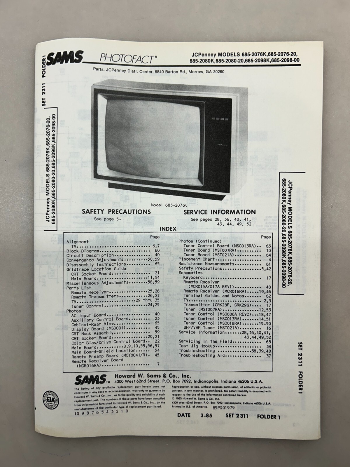 JCPenney 685-2076 2080 2098 Service Manual Sams Photofact Free Shipping