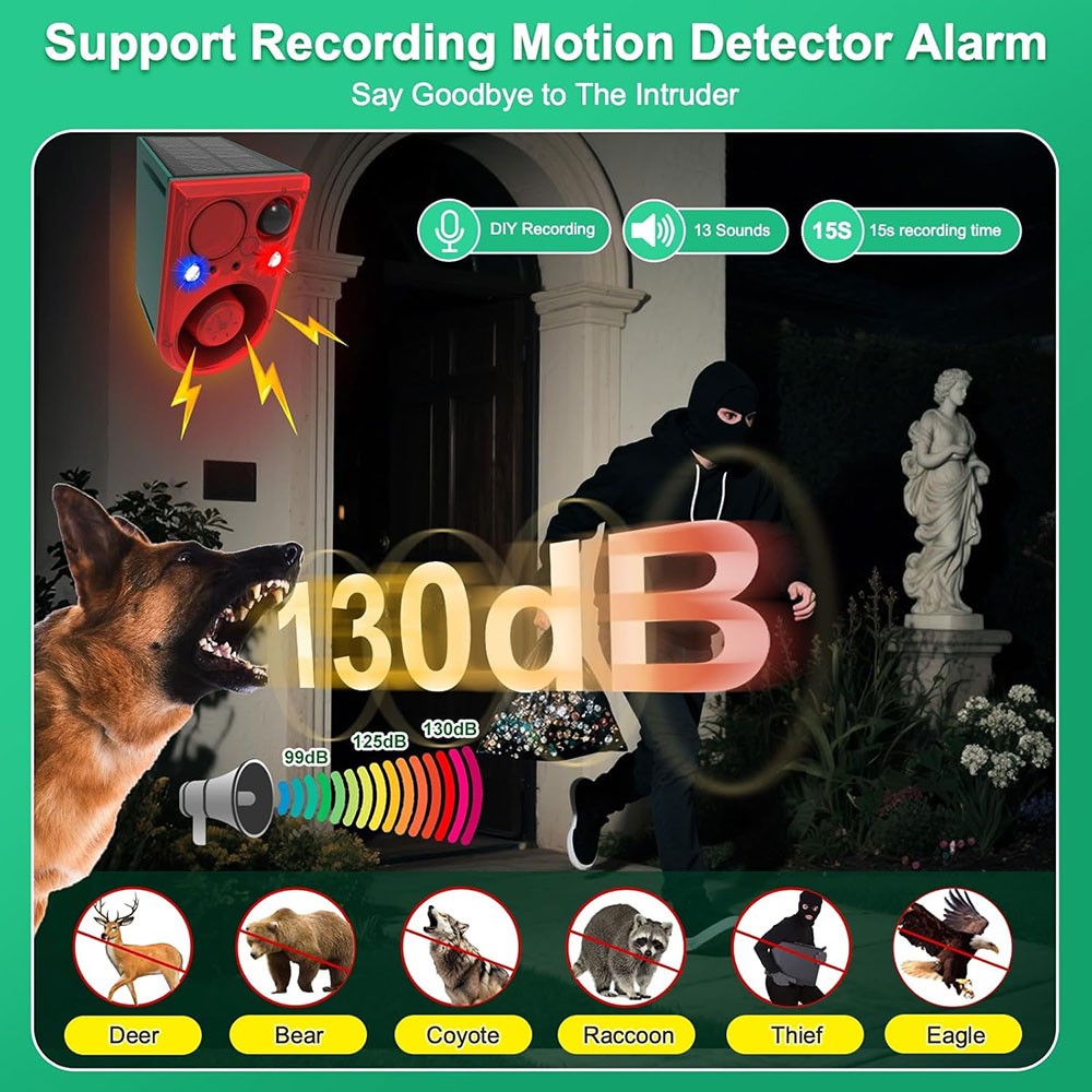 Solar Motion Detector Alarm Dog Barking 13 Sounds Flash Light Animal Repellent