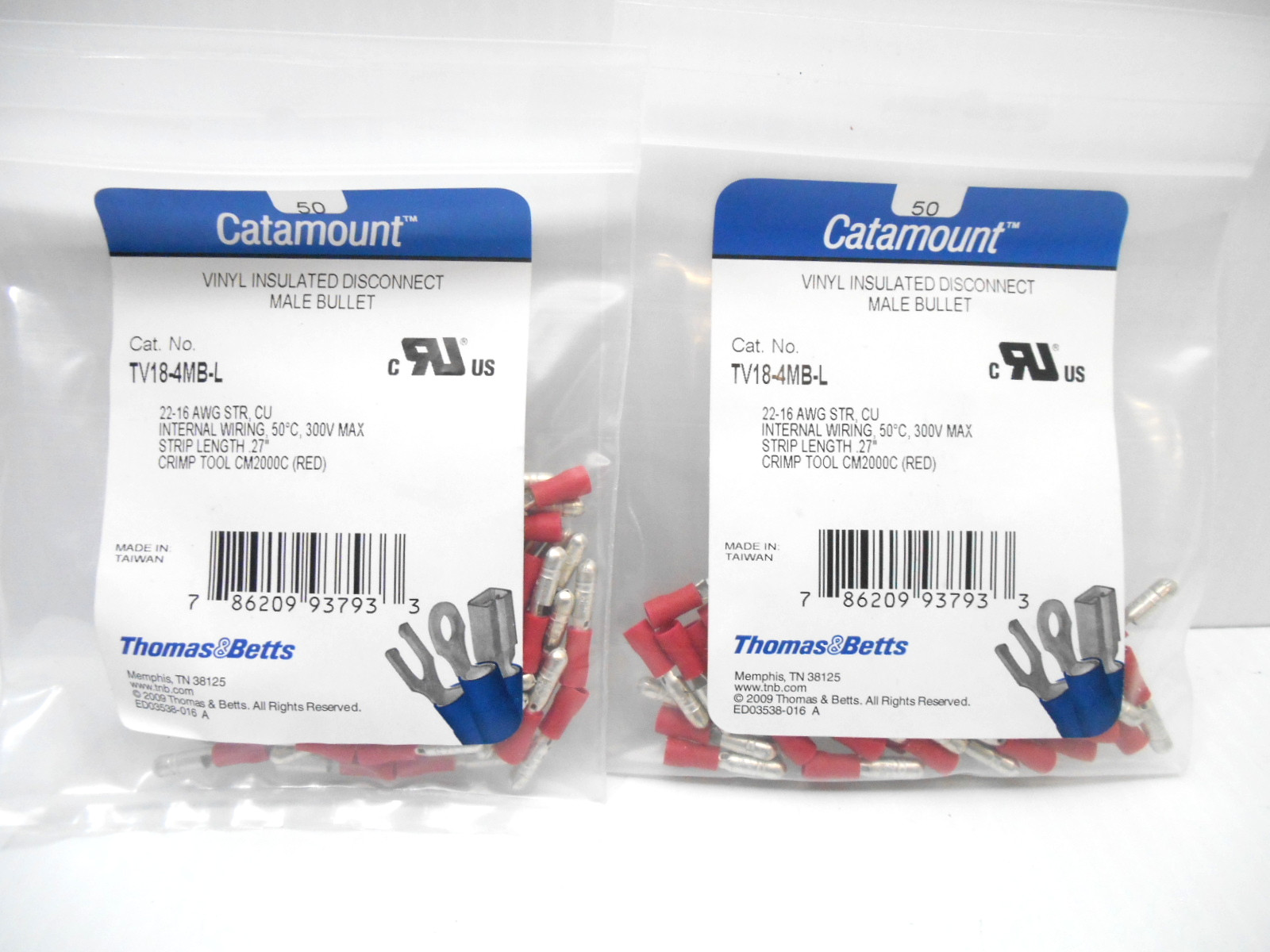 Lot of 100 T&B Catamount TV18-4MB-L Vinyl Insulated Male Bullet Disconnect