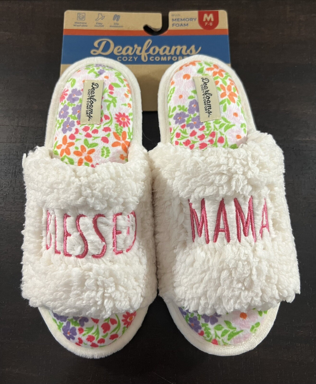 MED 7-8 BLESSED MAMA Dearfoams Memory Foam Slippers Sherpa New Mother Mom NWT