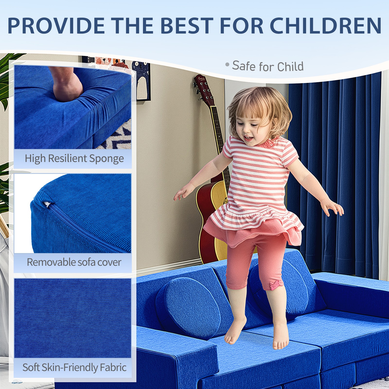 14-Piece Modular Kids Sofa All-Sponge Construction Blue Corduroy Free