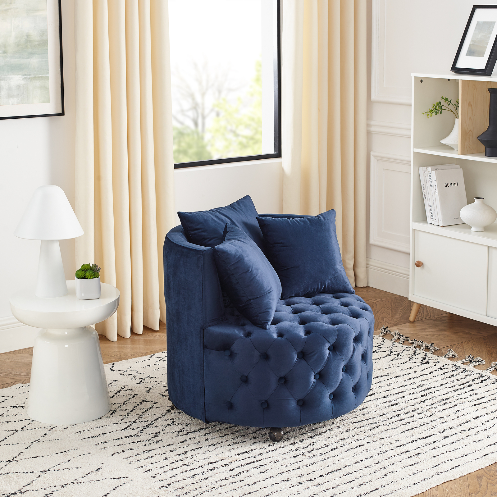 Velvet Upholstered Swivel Chair for Living Room w/ Button Tufted Design, Blue