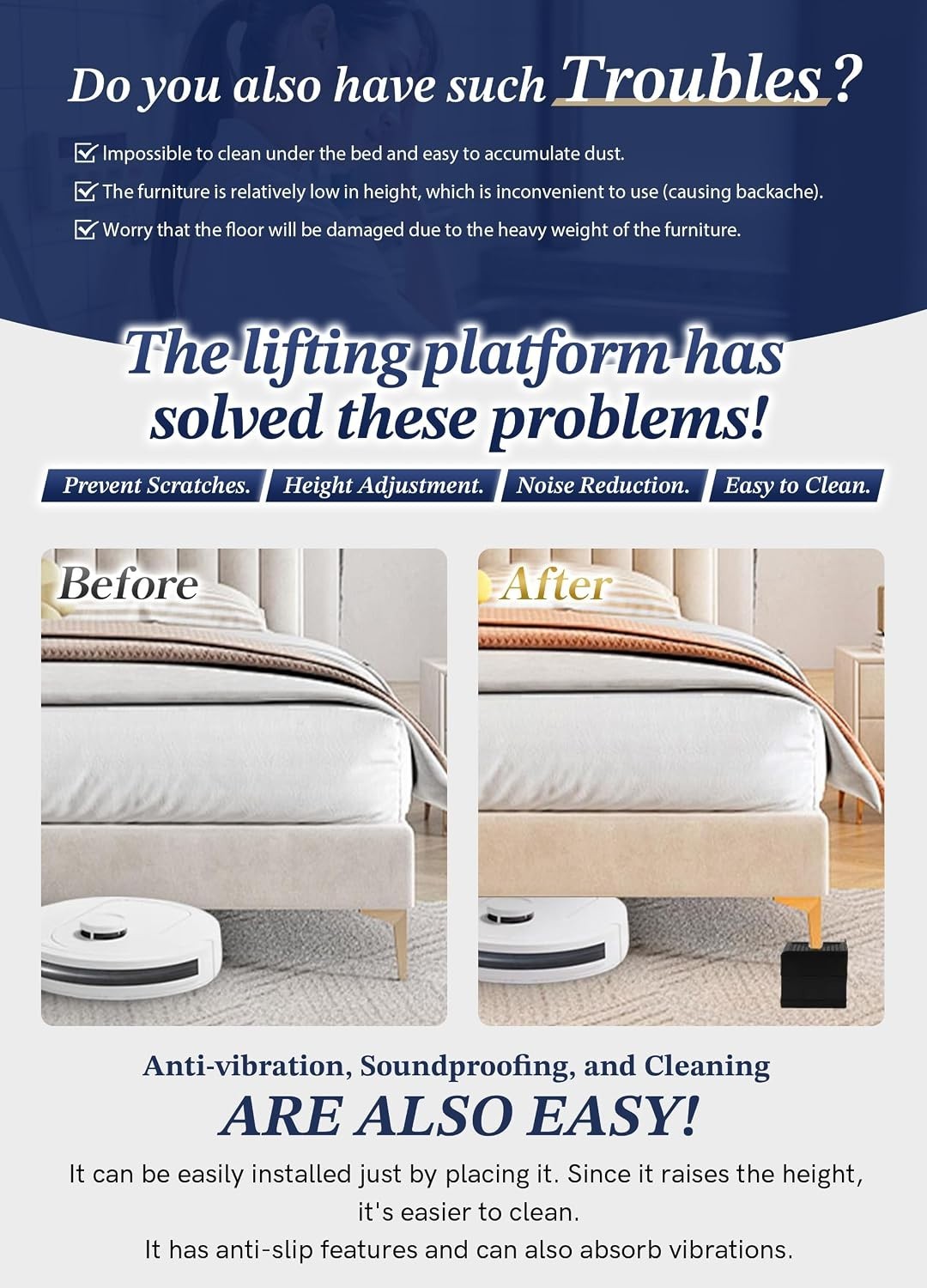 Heavy-Duty Rectangular Bed Risers - Adjustable 3 to 4.3 Inches - Space Enhancer