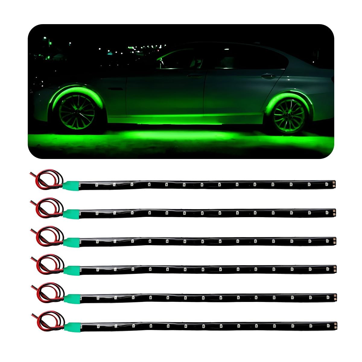 Wevdn 6 PCS 15 LED Strip Underbody Light, DC 12V 1Ft Flexible Underglow Green