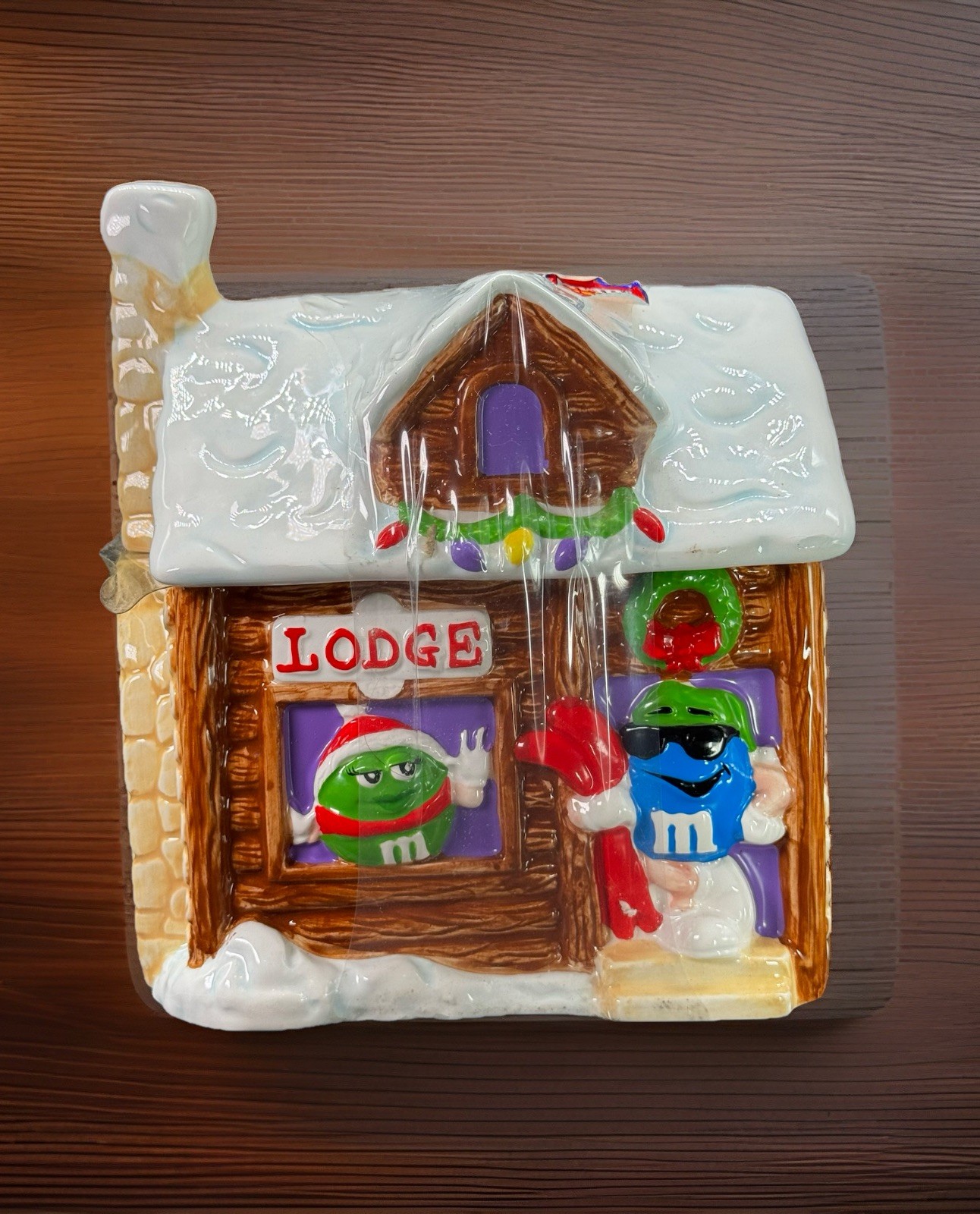 M&M’s Christmas Cookie Jar Ski Lodge Cabin 2003 Blue Green Holiday New NOS Vtg