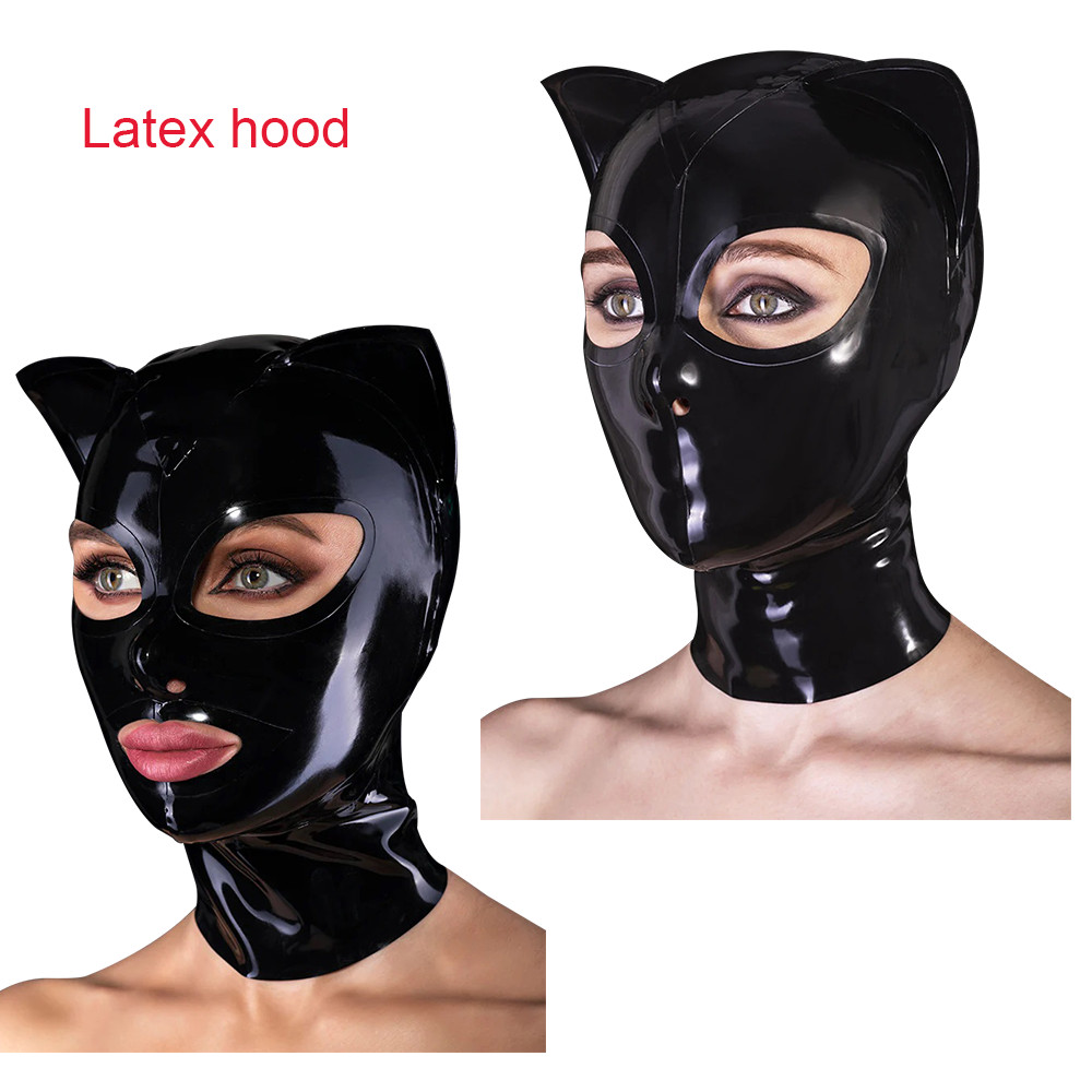 Black Latex Hood with Cat Ears&Back zip Rubber Mask for Cosplay Clubwear Fetish
