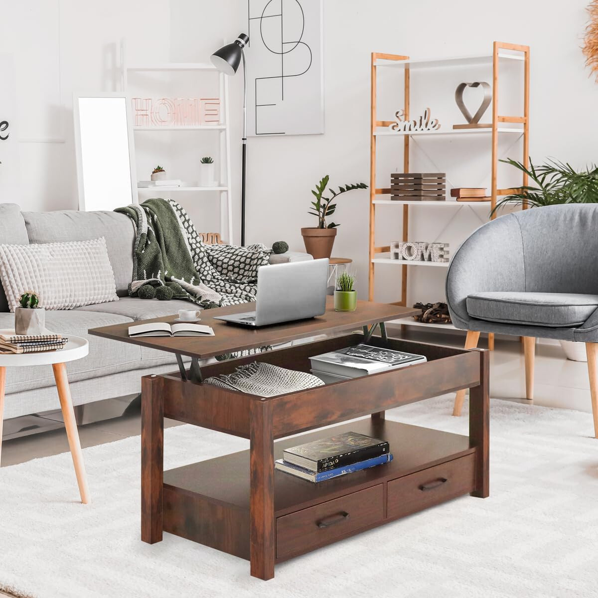 2 Drawer Lift Top Coffee Table with Hidden Compartment & Storage Shelves Rustic