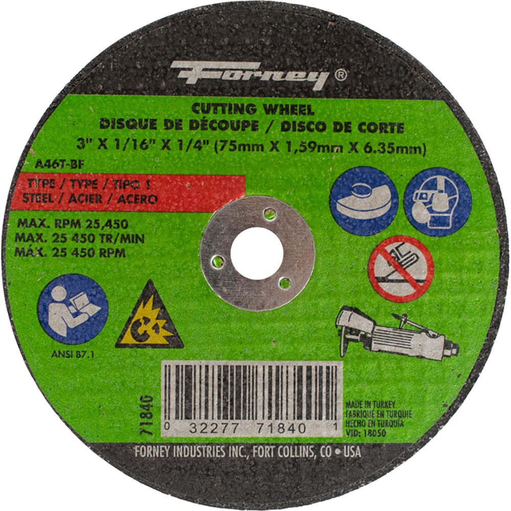 Cut-Off Wheel, Metal, Type 1, 3" x 1/16" x 1/4" - 37 Each FOR-71840