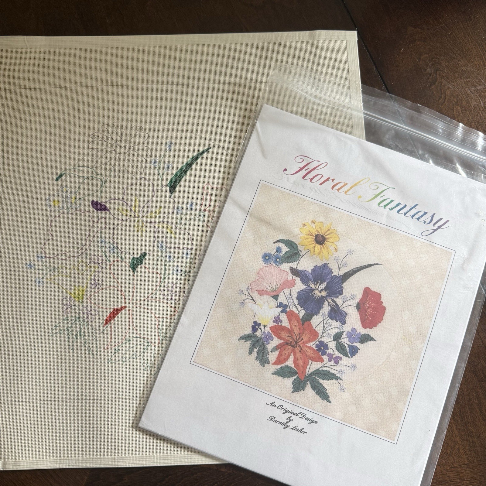 Vintage Dorothy Lesher Megan Floral Fantasy Canvas & Instructions Material List