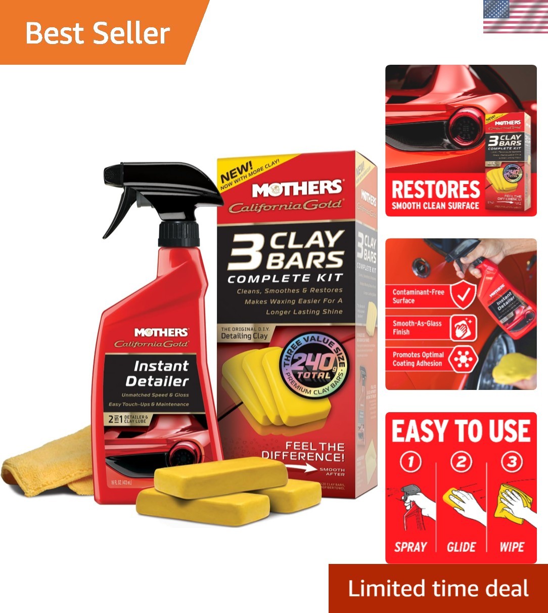 California Gold Clay Bar Kit - 3x80g Bars & Detailer for Car Paint Brilliance