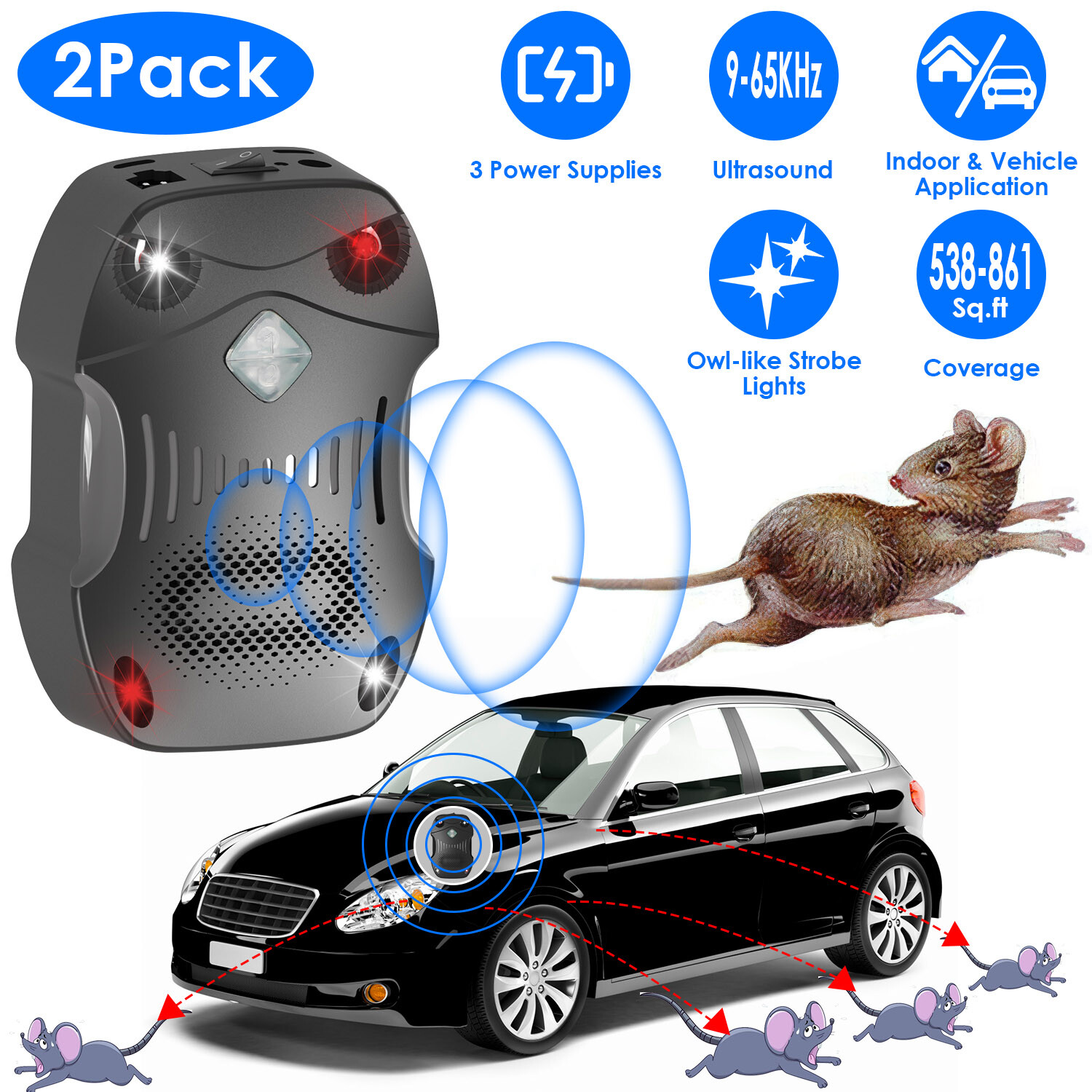 2Pc Ultrasonic  Under Hood Rodent Control  Blocker Black