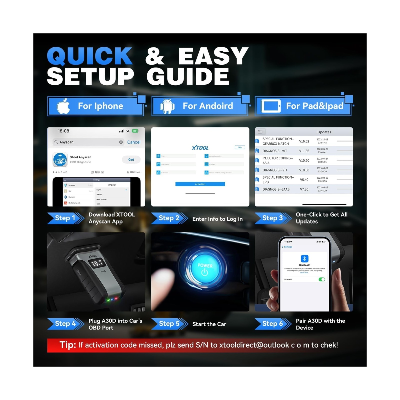 XTOOL Anyscan A30D OBD2 Scanner Diagnostic Tool - Bidirectional Scan Tool Wir...