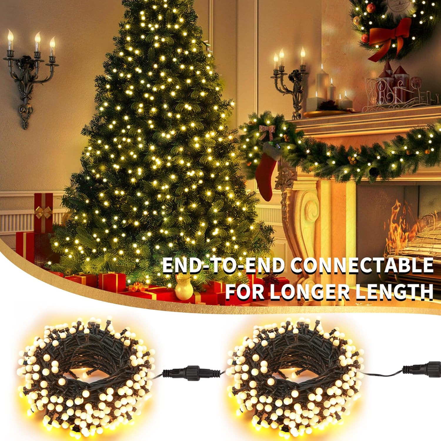 String Lights Warm White, 66Ft 200 LED Christmas String Lights with Timer, 8 Mod